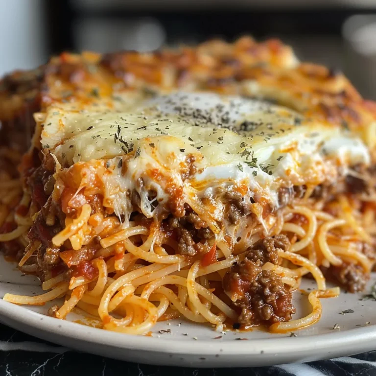 A slice of spaghetti pie with layers of noodles, cheese, and meat, viewed from the side.