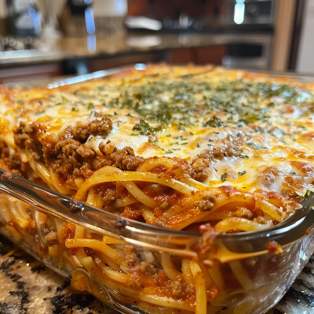 Close-up side image of a juicy spaghetti pie, showcasing its cheesy and meaty layers.