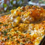 A close-up side view of a juicy Spicy Cheddar Corn Casserole in a baking dish.