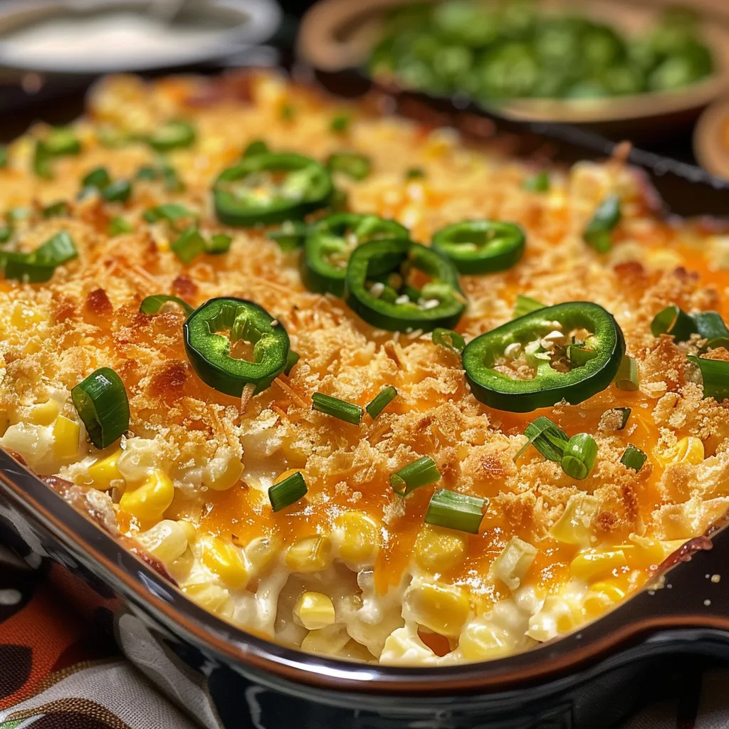 A serving of Spicy Cheddar Corn Casserole topped with melted cheese and jalapenos.