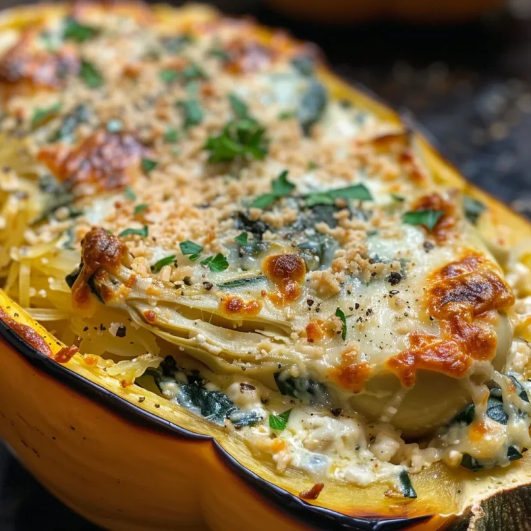 Close-up view of a stuffed spaghetti squash filled with spinach and artichoke mixture.