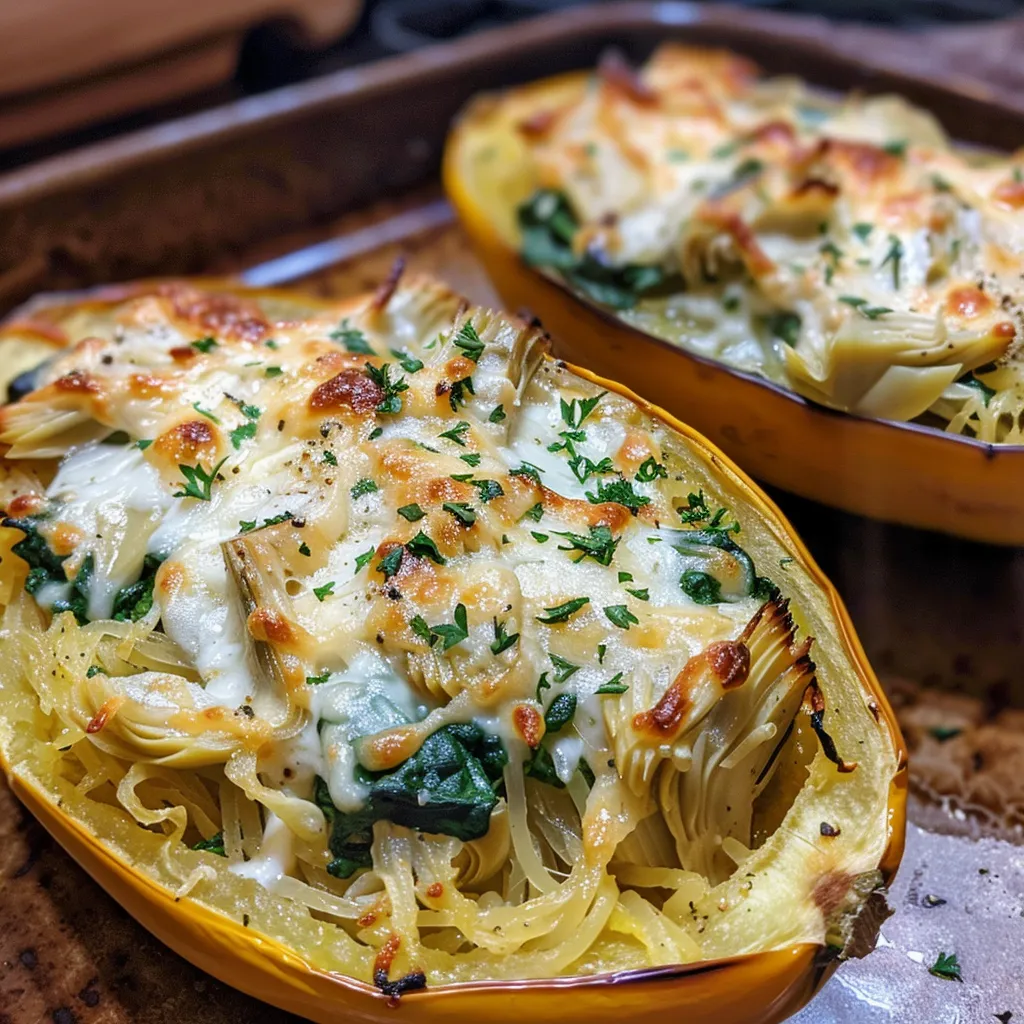 Side angle of baked spaghetti squash filled with creamy spinach and artichoke stuffing.
