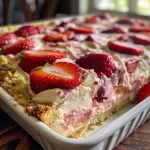 Close-up view of a slice of strawberry cheesecake dump cake, showcasing juicy strawberries on top.