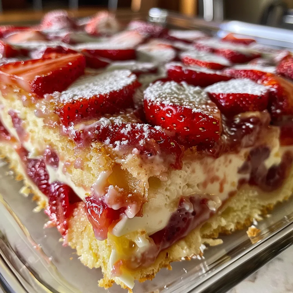 Side view of a creamy strawberry cheesecake dump cake, with a golden yellow cake layer and fresh strawberries.