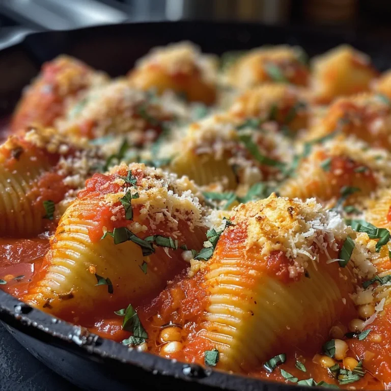 Why These Stuffed Shells Will Have You Dreaming of Dinner Close-up of stuffed pasta shells filled with cheese and herbs in marinara sauce.