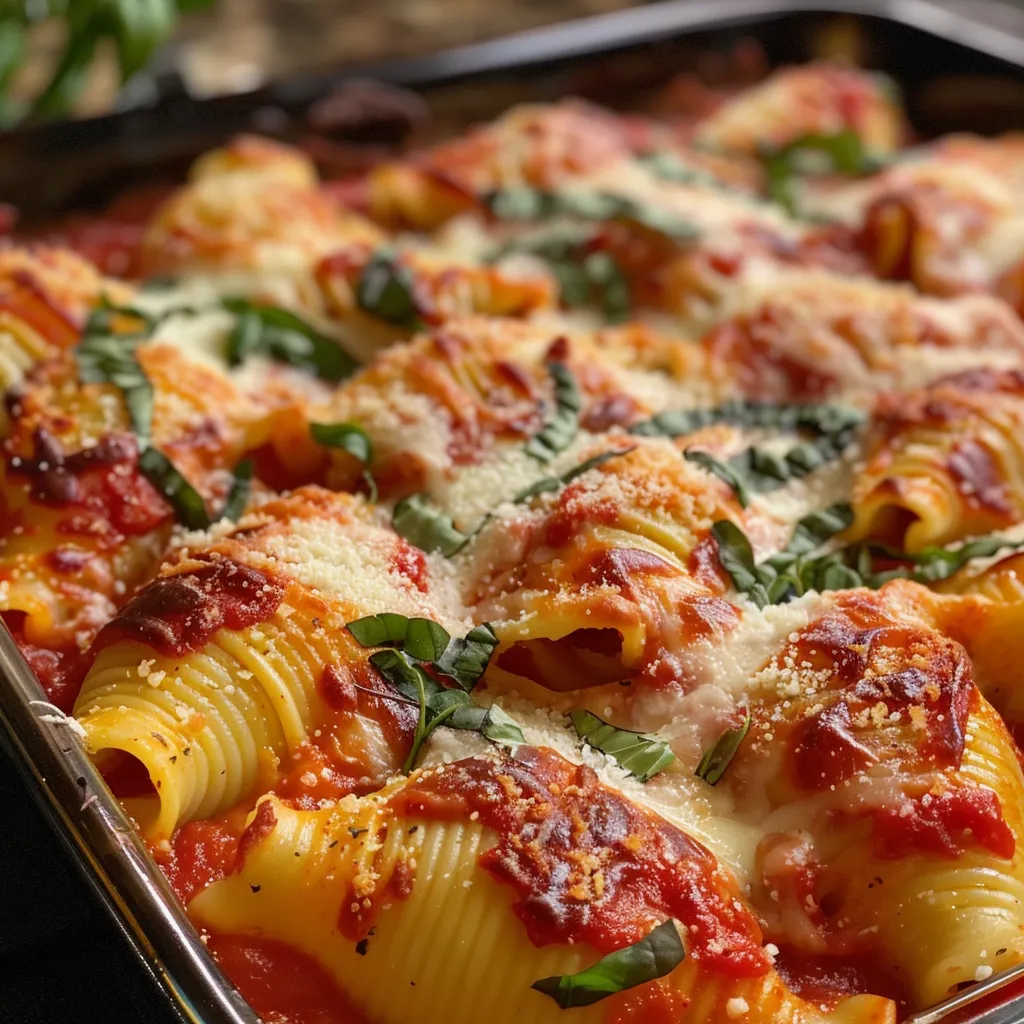 Side view of juicy jumbo stuffed shells topped with melted mozzarella and fresh basil.