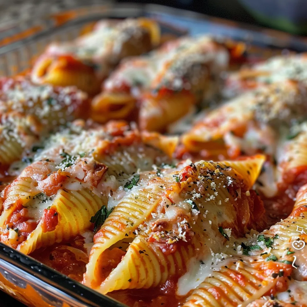 Side view showcasing a plate of stuffed shells topped with marinara sauce and cheese.