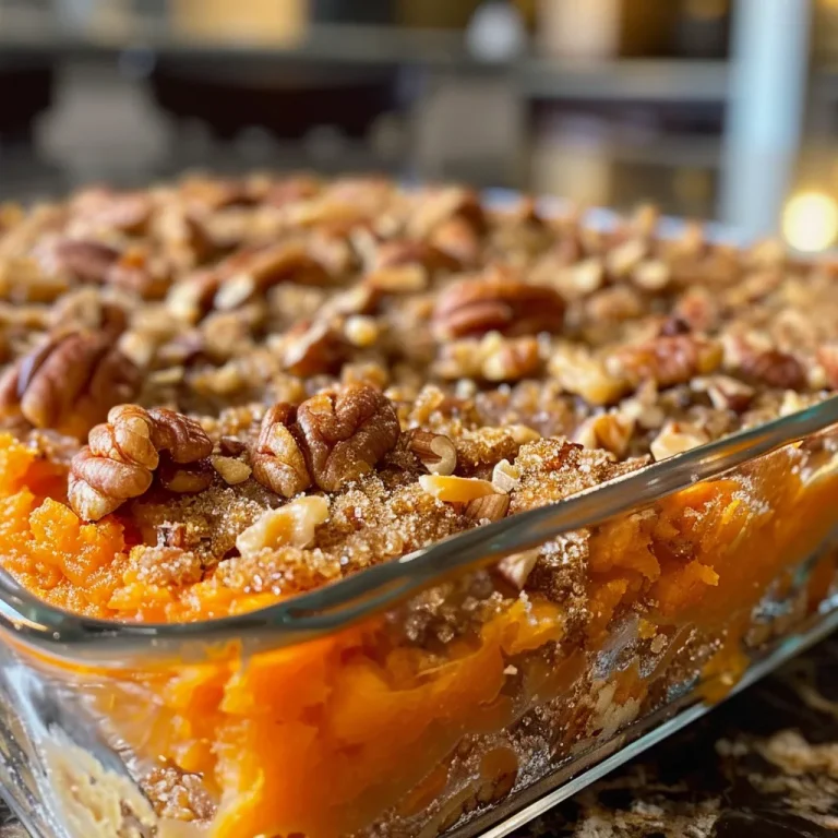 Close-up view of a delicious sweet potato casserole topped with chopped pecans.