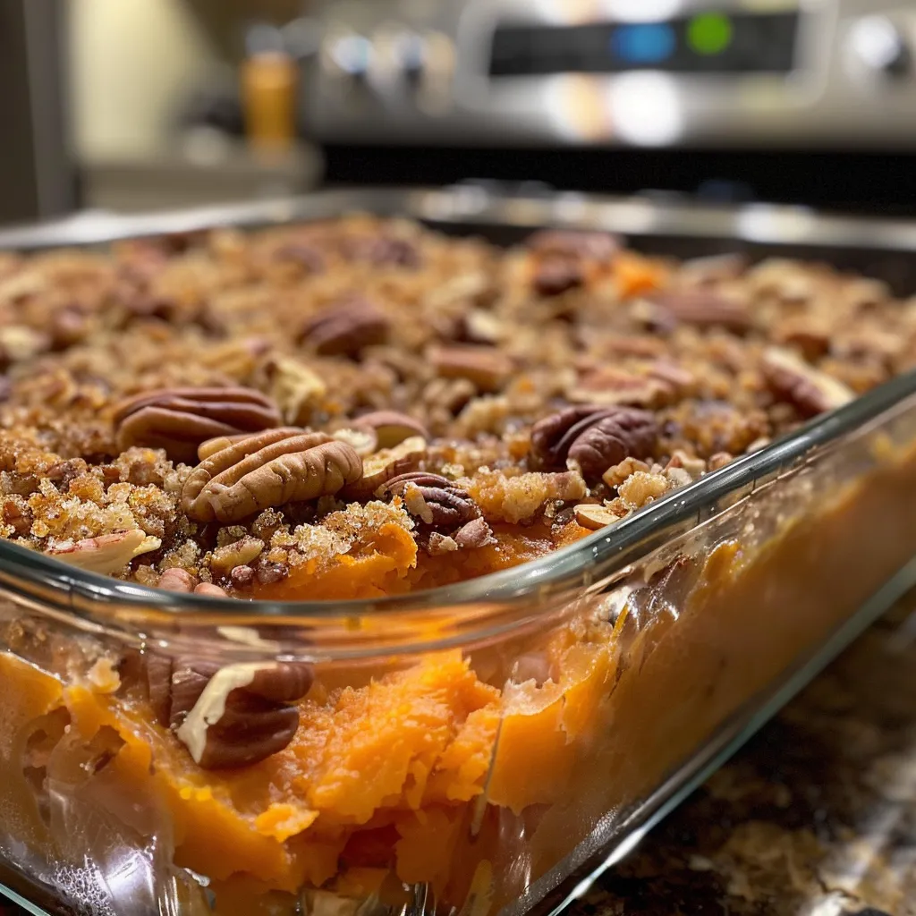 Side angle of a mouth-watering sweet potato casserole with a golden, crunchy topping.