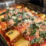 Close-up view of a plate of Three Cheese Manicotti filled with melted cheese and marinara sauce.