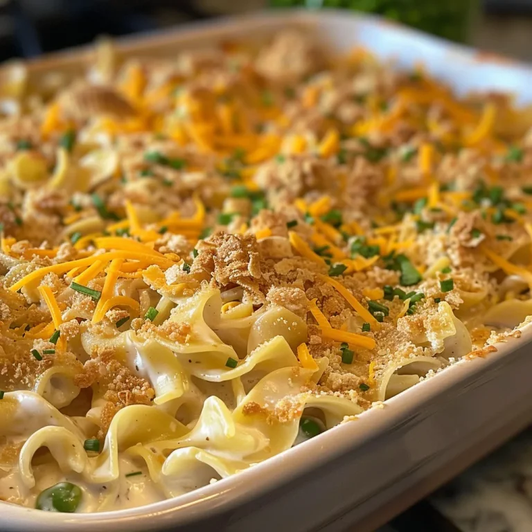 The Tuna Noodle Casserole That Feels Like Home Close-up view of a creamy tuna noodle casserole with a golden crust.