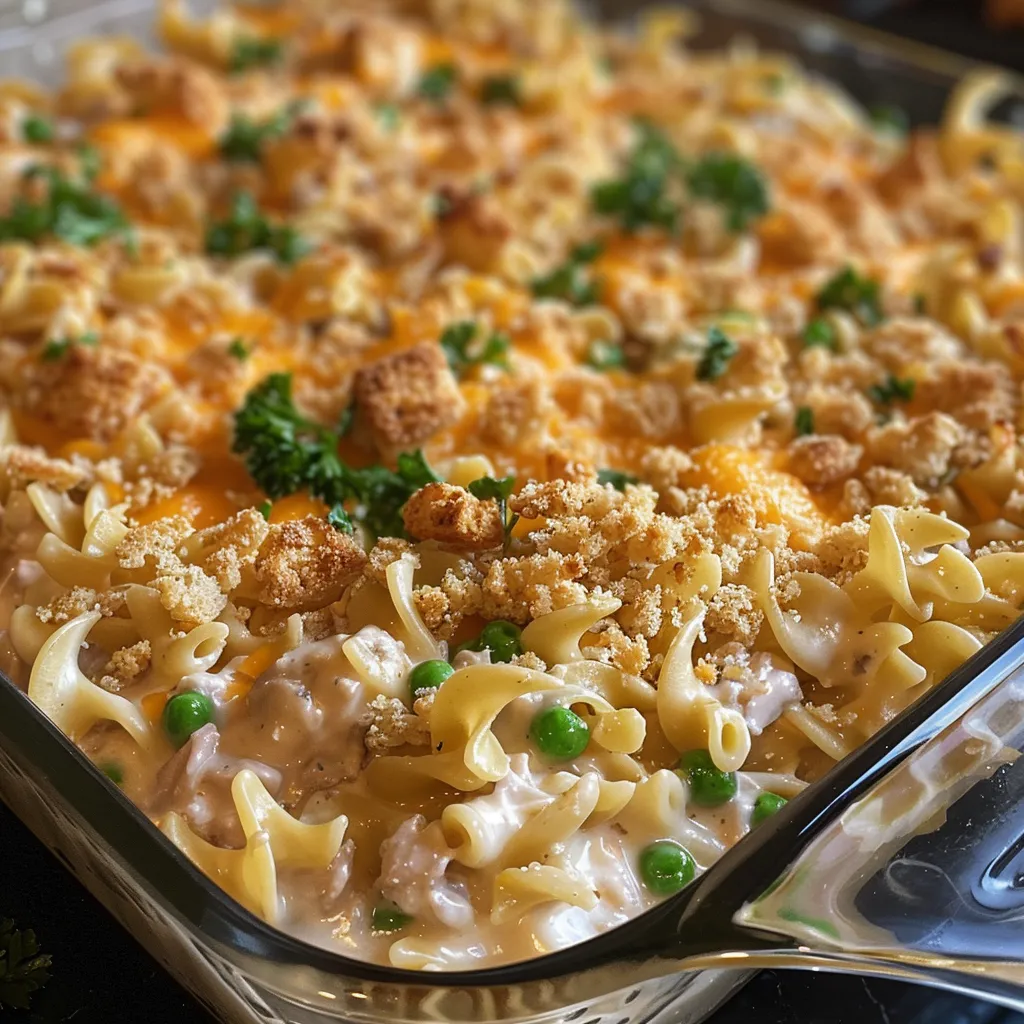 Side view showing layers of egg noodles, tuna, and cheese in a casserole dish.