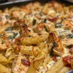 Close-up view of a cheesy Tuscan chicken pasta bake with a golden-brown crust.