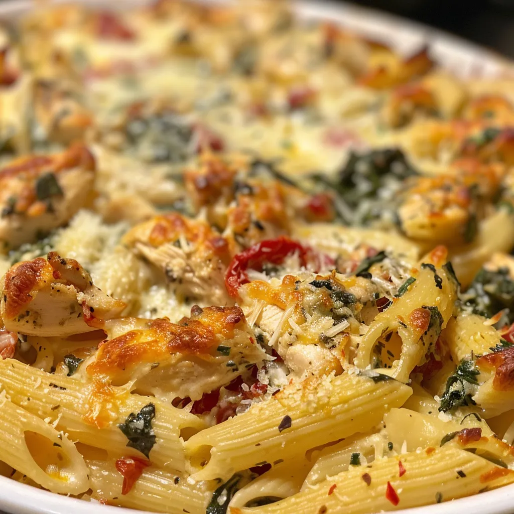 Side angle of a creamy pasta dish featuring chicken, spinach, and sun-dried tomatoes topped with melted mozzarella.