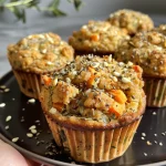 Close-up view of golden-brown vegan savoury muffins topped with pumpkin seeds.