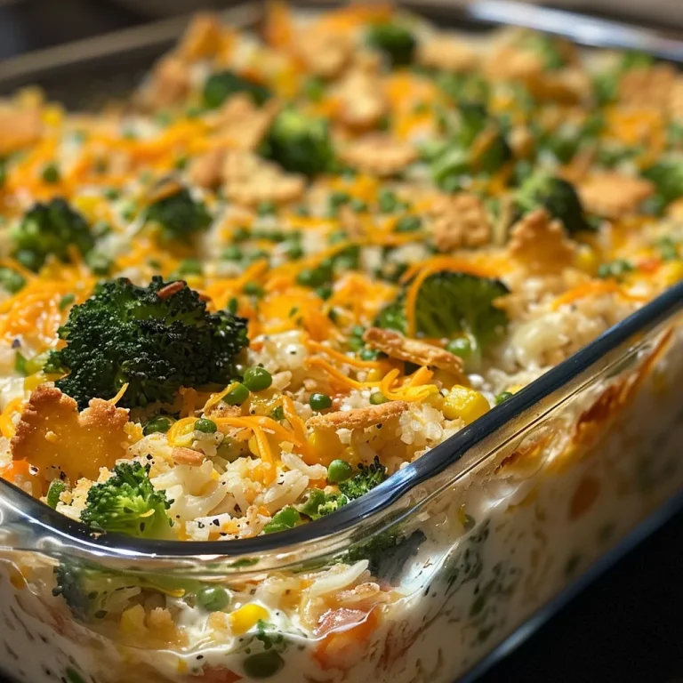 Close-up view of a colorful vegetable casserole with melted cheese on top.