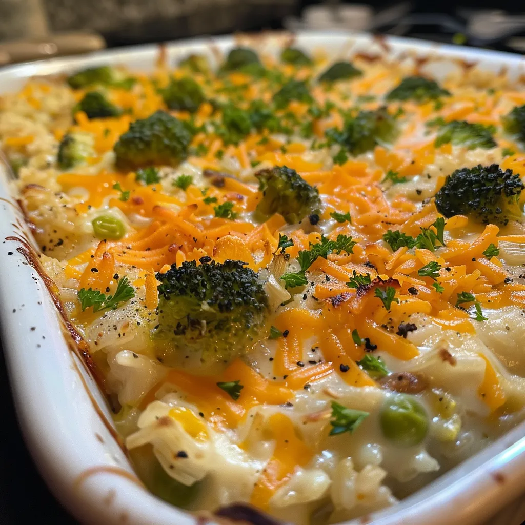 Side angle of a hearty vegetable casserole showcasing broccoli and mixed vegetables.