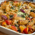 Close-up view of a colorful vegetable pasta bake with bubbling cheese on top.