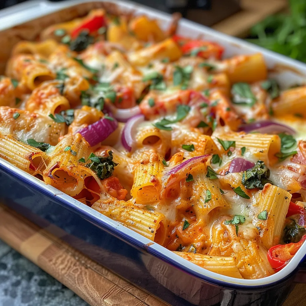Side view of a hearty vegetable pasta bake featuring rigatoni and fresh vegetables.