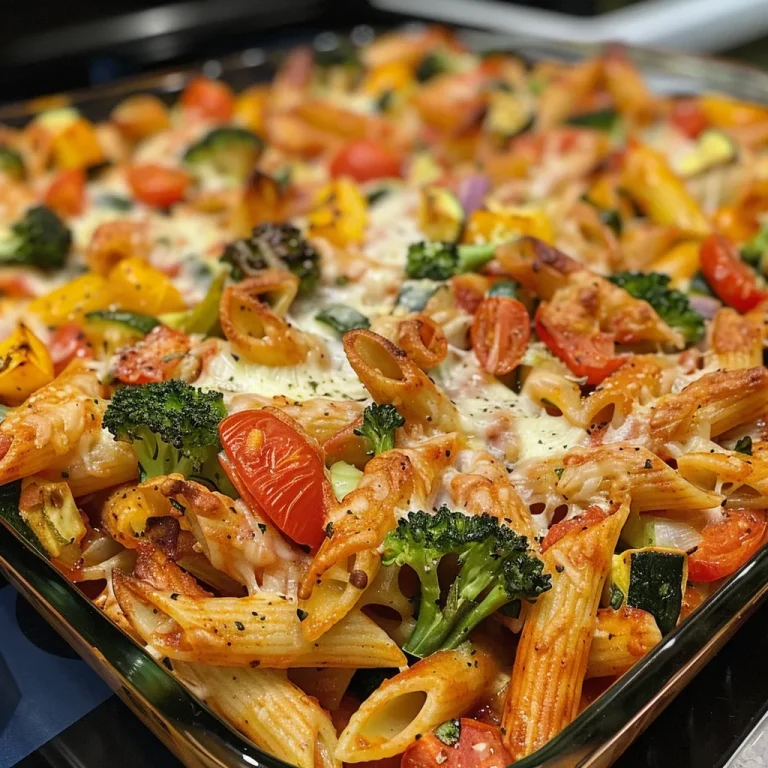 Close-up view of a Veggie Pasta Bake with colorful vegetables and melted cheese.