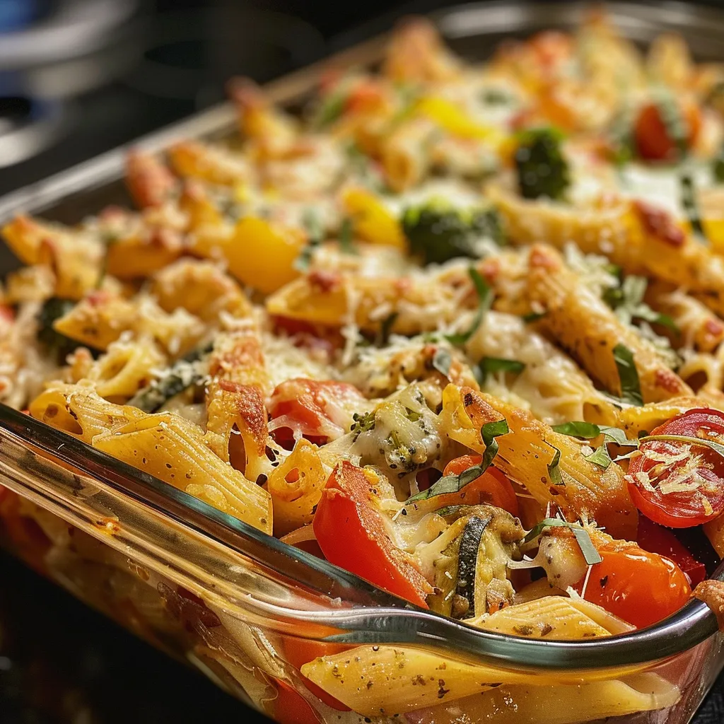 A side photo of a hearty Veggie Pasta Bake, showcasing layers of pasta and fresh veggies.