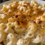 Close-up side view of a creamy Velveeta Mac and Cheese dish.