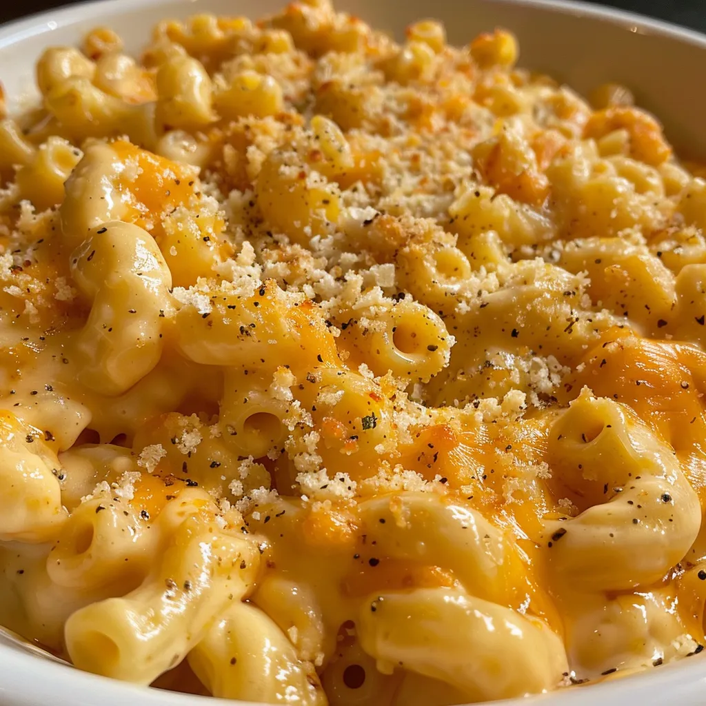 A bowl of delicious, cheesy macaroni made with Velveeta from a side angle.