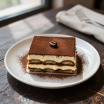 Tiramisu dessert with cocoa powder on a wooden table.