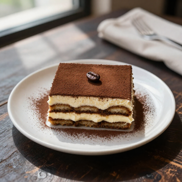 Tiramisu dessert with cocoa powder on a wooden table.
