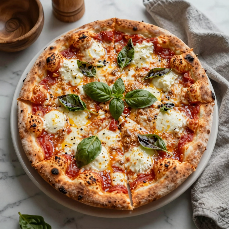 Overhead shot of a cheese pizza on a wooden table.