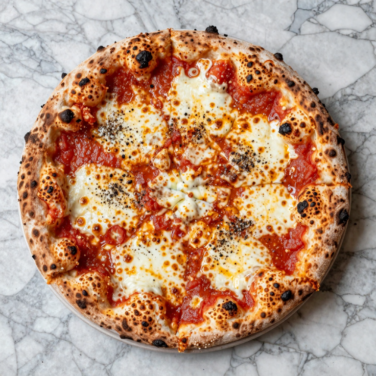 Rustic pizza dough ball on wooden table.