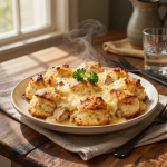 Chicken and biscuit casserole on a plate.