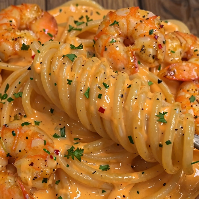 Creamy Cajun shrimp pasta on a wooden table.