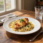 Creamy chicken and pasta dish on a plate.