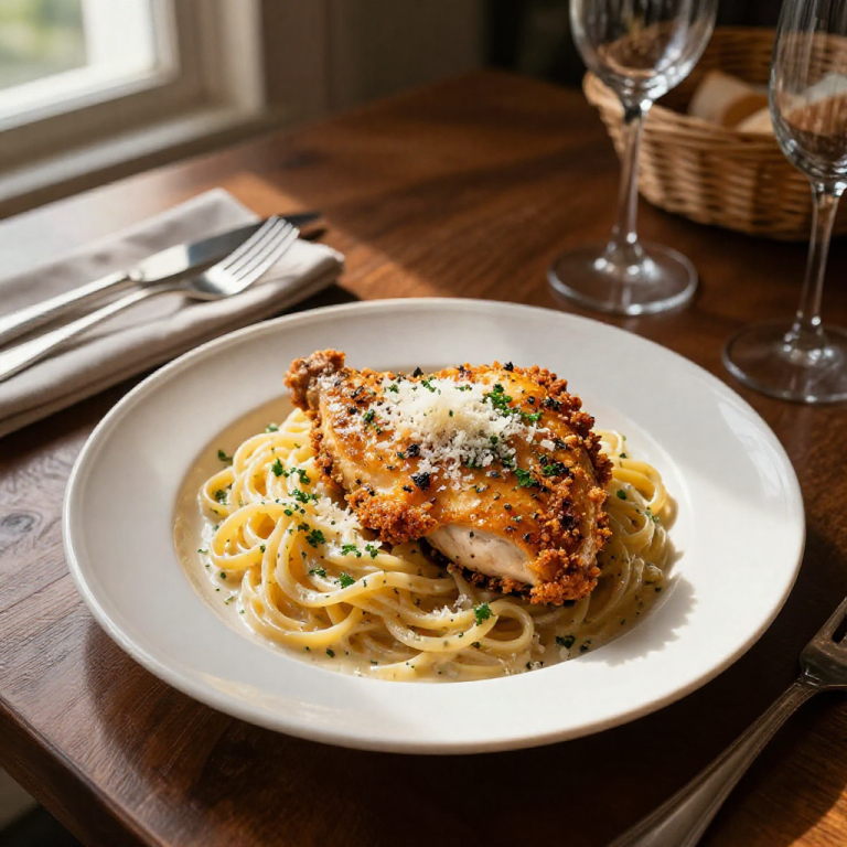 Creamy garlic parmesan chicken and pasta on a white plate.