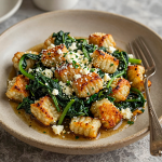 Crispy gnocchi with spinach and feta on a wooden table.