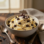 Edible chocolate chip cookie dough in a white bowl on a rustic wooden table.