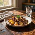 Ground beef and potatoes on a plate.