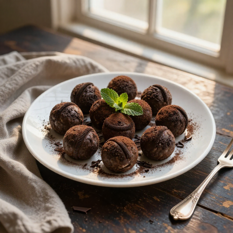 Oreo balls on a rustic wooden table.