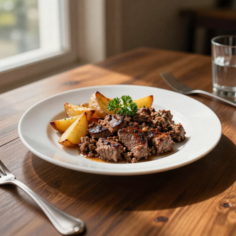 Ground beef and potatoes on a plate, set on a wooden table.