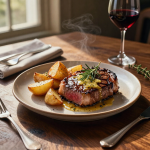Steak and potatoes on a white plate, wood table, natural light.