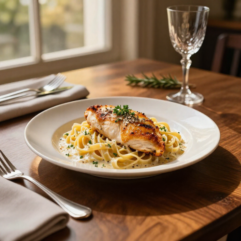Creamy garlic parmesan chicken and pasta dish on a wooden table.