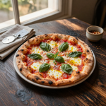 Overhead shot of a rustic homemade pizza.