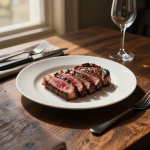 Steak on white plate with asparagus.