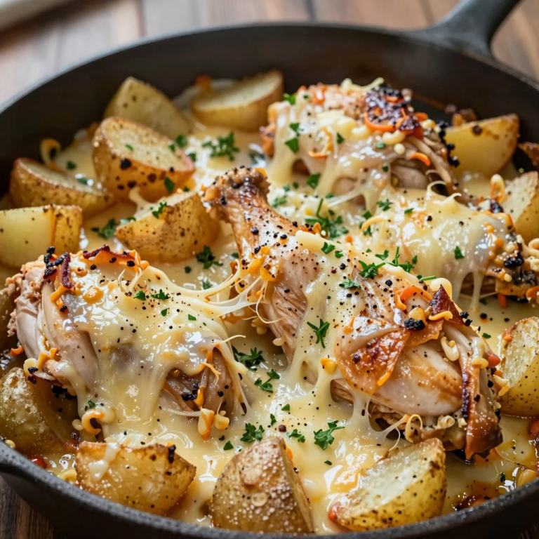 Close-up of a plate with garlic parmesan chicken and potatoes on a wooden table.