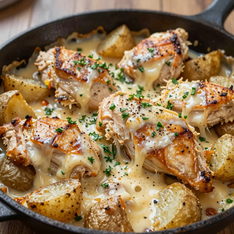 Garlic parmesan chicken and potatoes on a white plate.