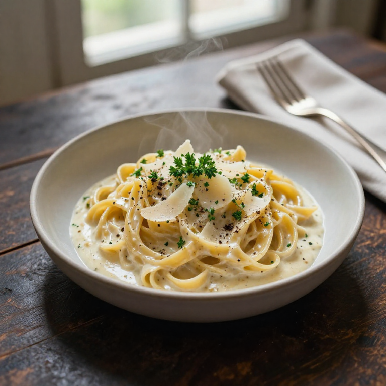 Creamy garlic pasta on a rustic wooden table.