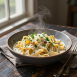 Creamy garlic pasta dish on a rustic wooden table.