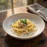 Creamy pasta dish on rustic wood.