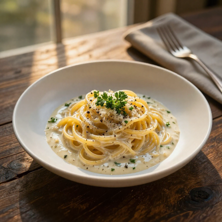 Creamy pasta dish on rustic wood.